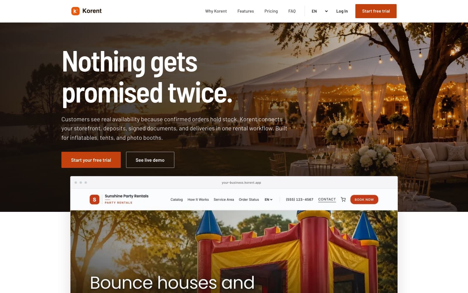 Screenshot of the Korent Multi-Tenant Event Rental SaaS interface